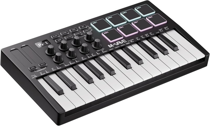 DAIERTEK Midi Keyboard Controller 25 Key Portable Mini Bluetooth & USB Midi Piano with 8 Backlit Drum Pad, 8 Knobs and Music Production Software for Computer Recording, Music Production - Image 1